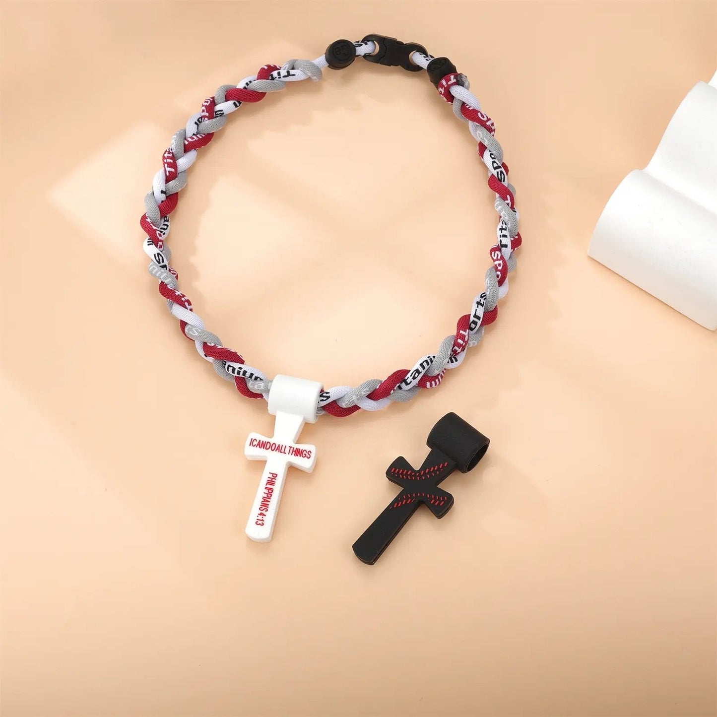✝️⚾ Triple-Rope Tornado Baseball Necklace – Cross Charm Pendant with "I CAN DO ALL THINGS PHL4:13"