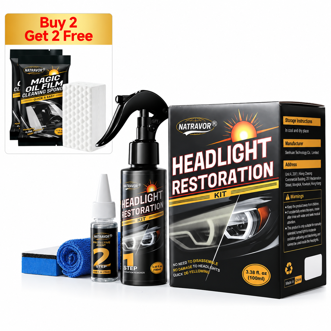 2 Pack Headlight Restoration Kit +2 Free Windshield Oil Film Eraser