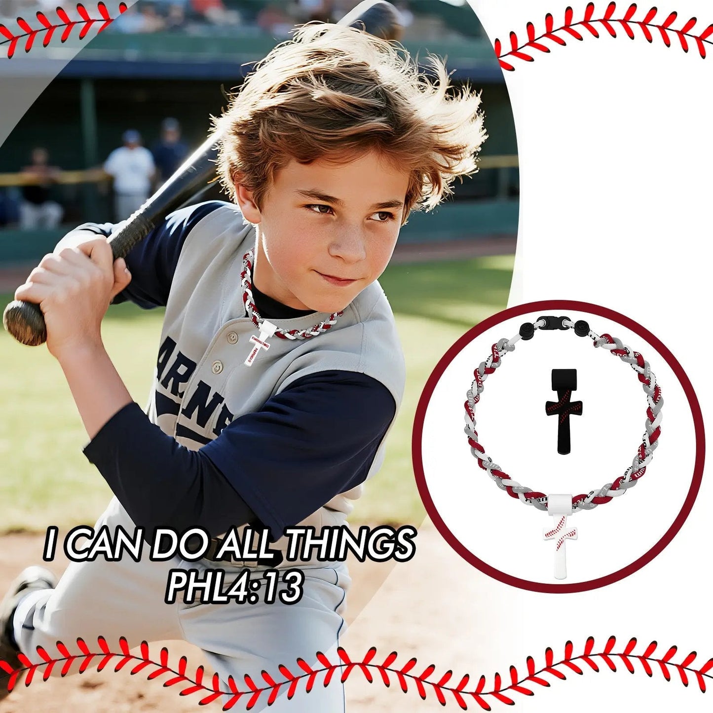 ✝️⚾ Triple-Rope Tornado Baseball Necklace – Cross Charm Pendant with "I CAN DO ALL THINGS PHL4:13"